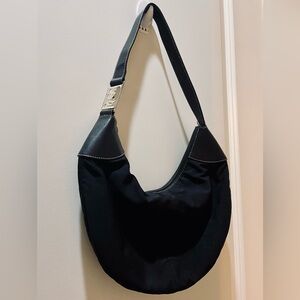 Ralph Lauren Black Leather & Vinyl Crescent Shoulder Bag Silver Logo 13x9